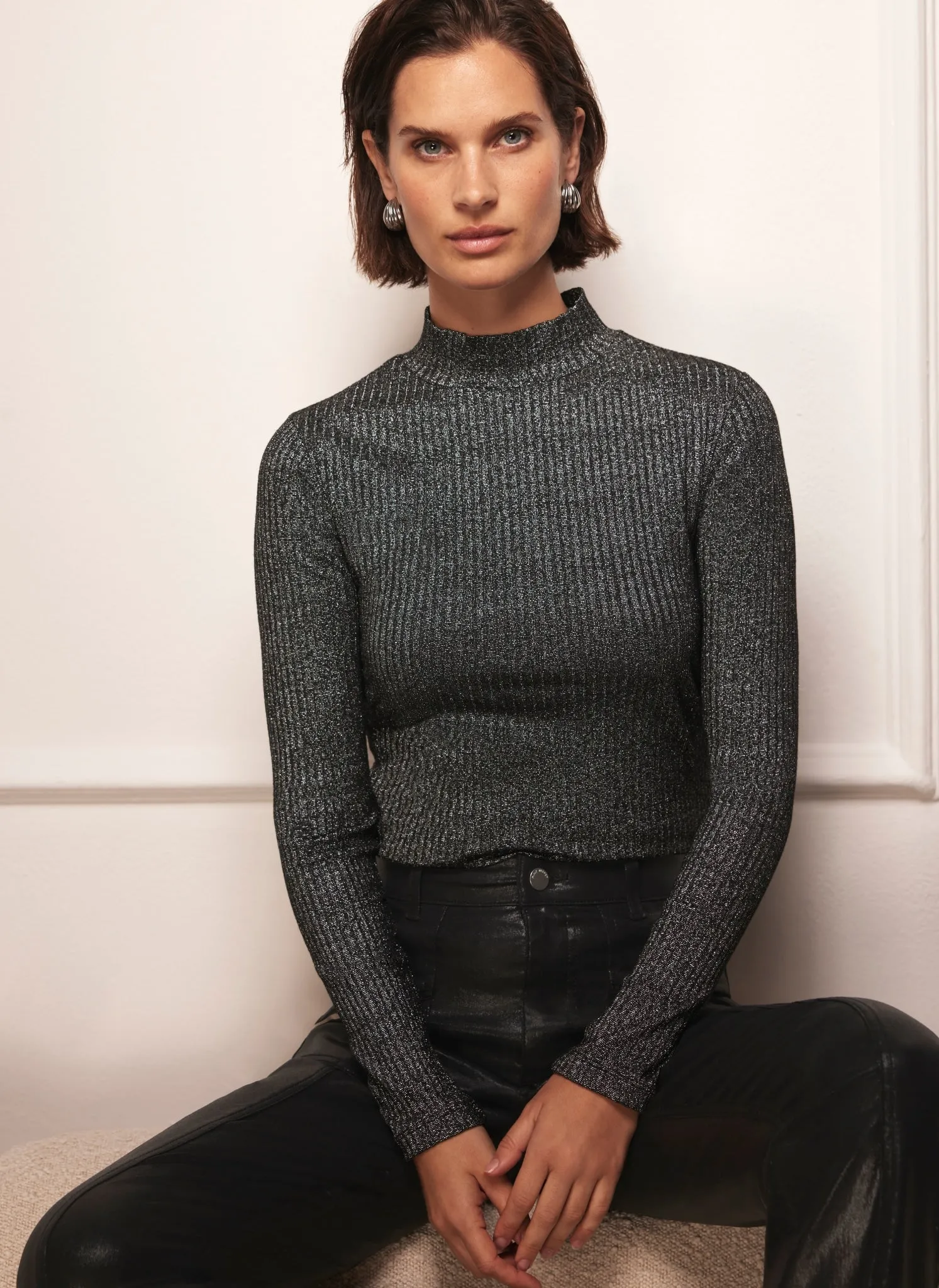 Silver Metallic Ribbed Polo Top sold by Mint Velvet