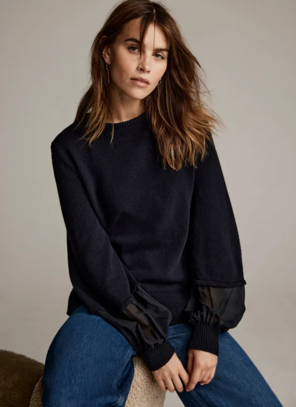 Navy Cotton Blend Woven Sleeve Jumper sold by Mint Velvet