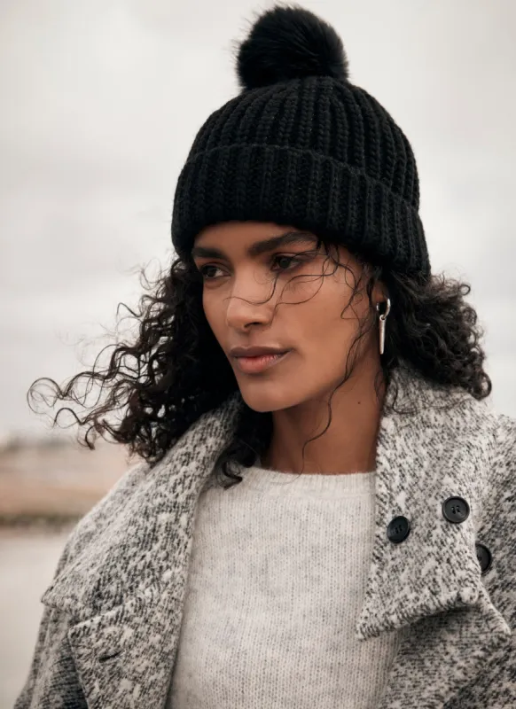 Black Faux Fur Pom Pom Beanie Hat sold by Mint Velvet