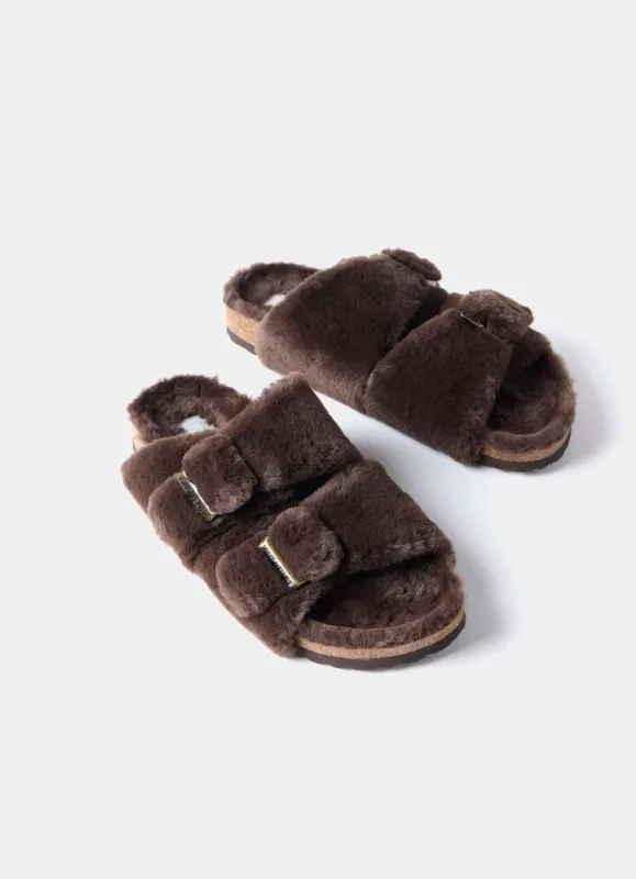 Chocolate Brown Faux Fur Buckled Slippers sold by Mint Velvet