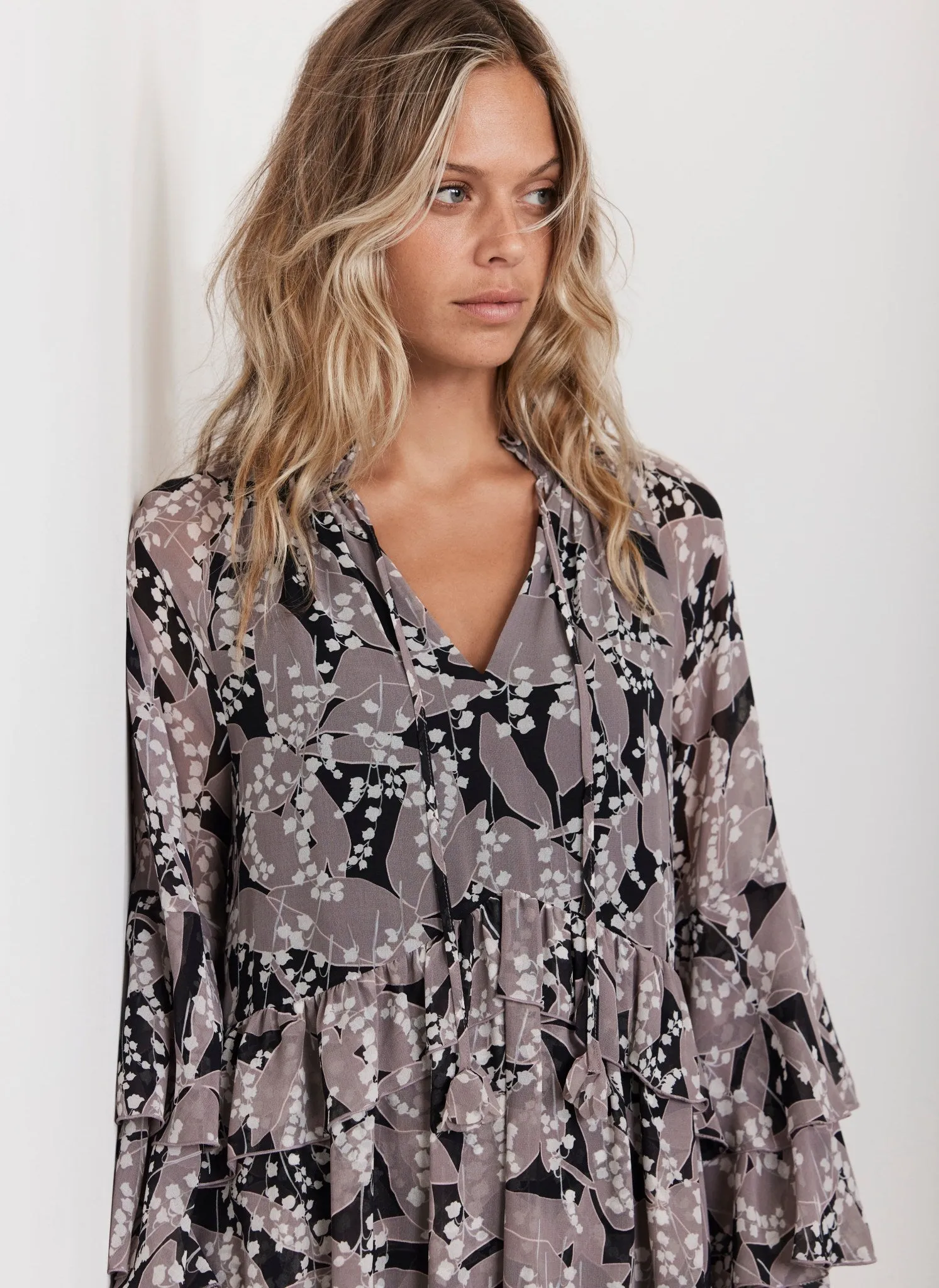 Grey Floral Print Ruffle Mini Dress sold by Mint Velvet product image thumbnail 4