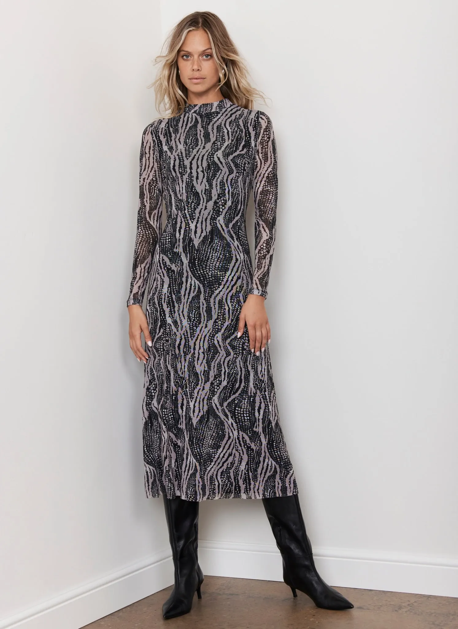 Black Animal Print Mesh Midi Dress sold by Mint Velvet