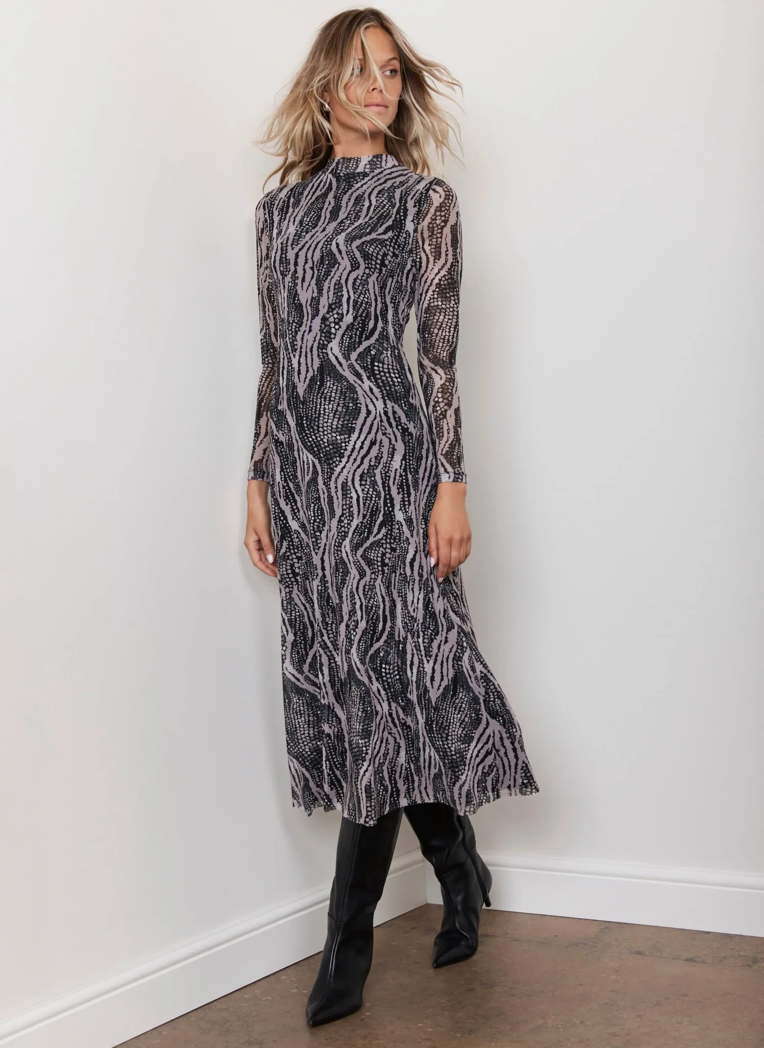 Black Animal Print Mesh Midi Dress sold by Mint Velvet product image thumbnail 4