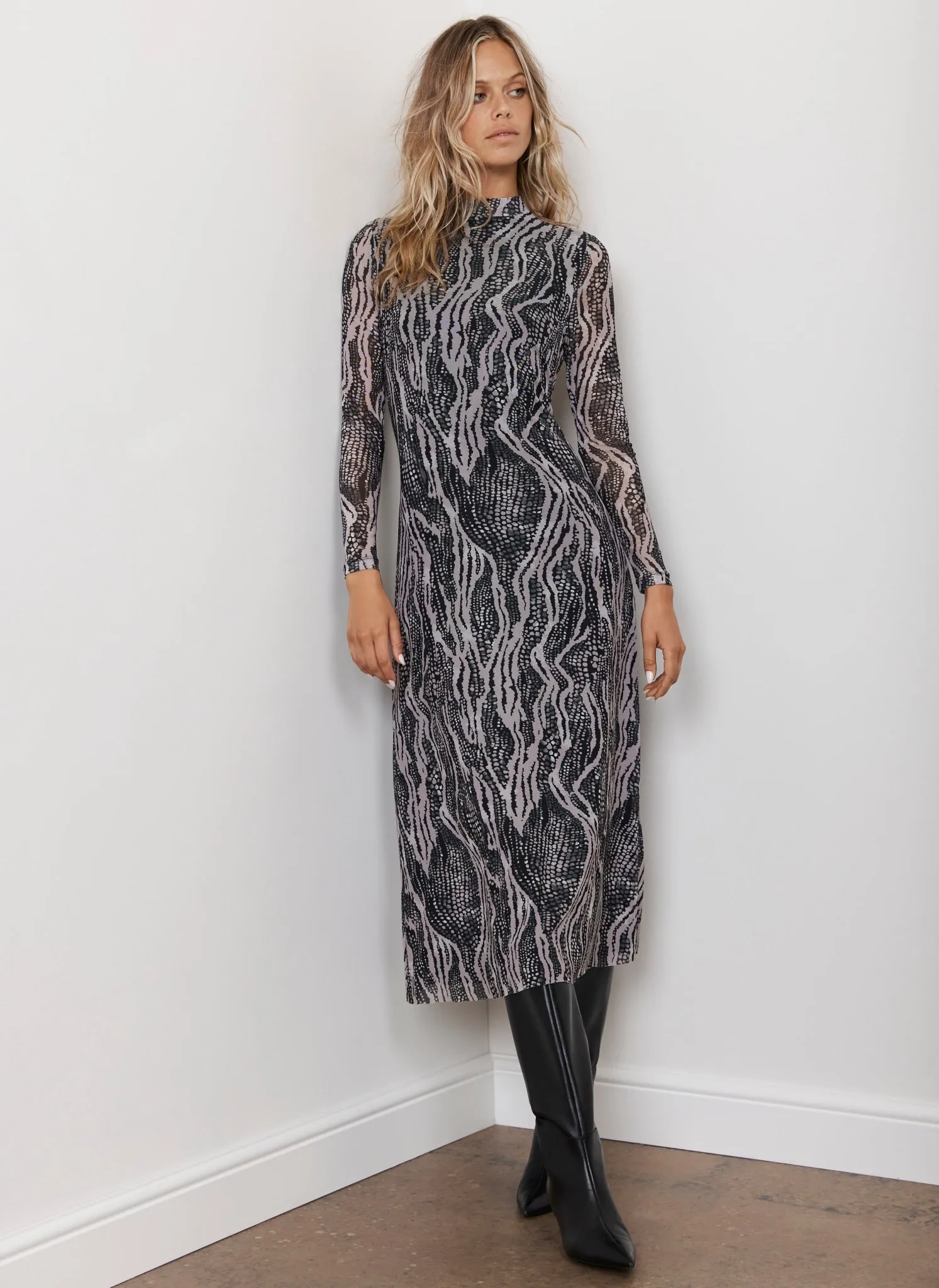 Black Animal Print Mesh Midi Dress sold by Mint Velvet product image thumbnail 5