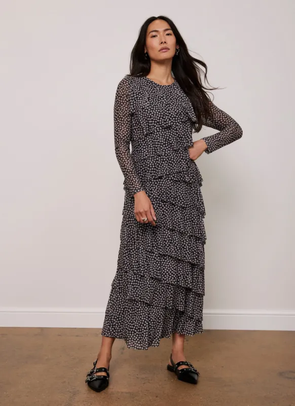 Black Spot Print Ruffle Midi Dress sold by Mint Velvet
