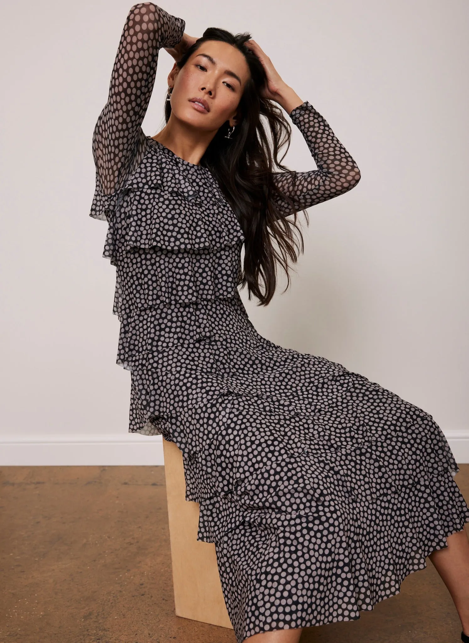 Black Spot Print Ruffle Midi Dress sold by Mint Velvet product image thumbnail 4