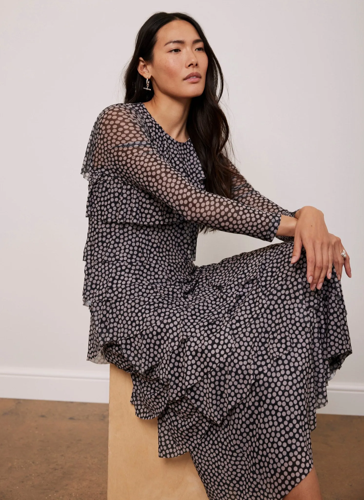 Black Spot Print Ruffle Midi Dress sold by Mint Velvet product image thumbnail 2