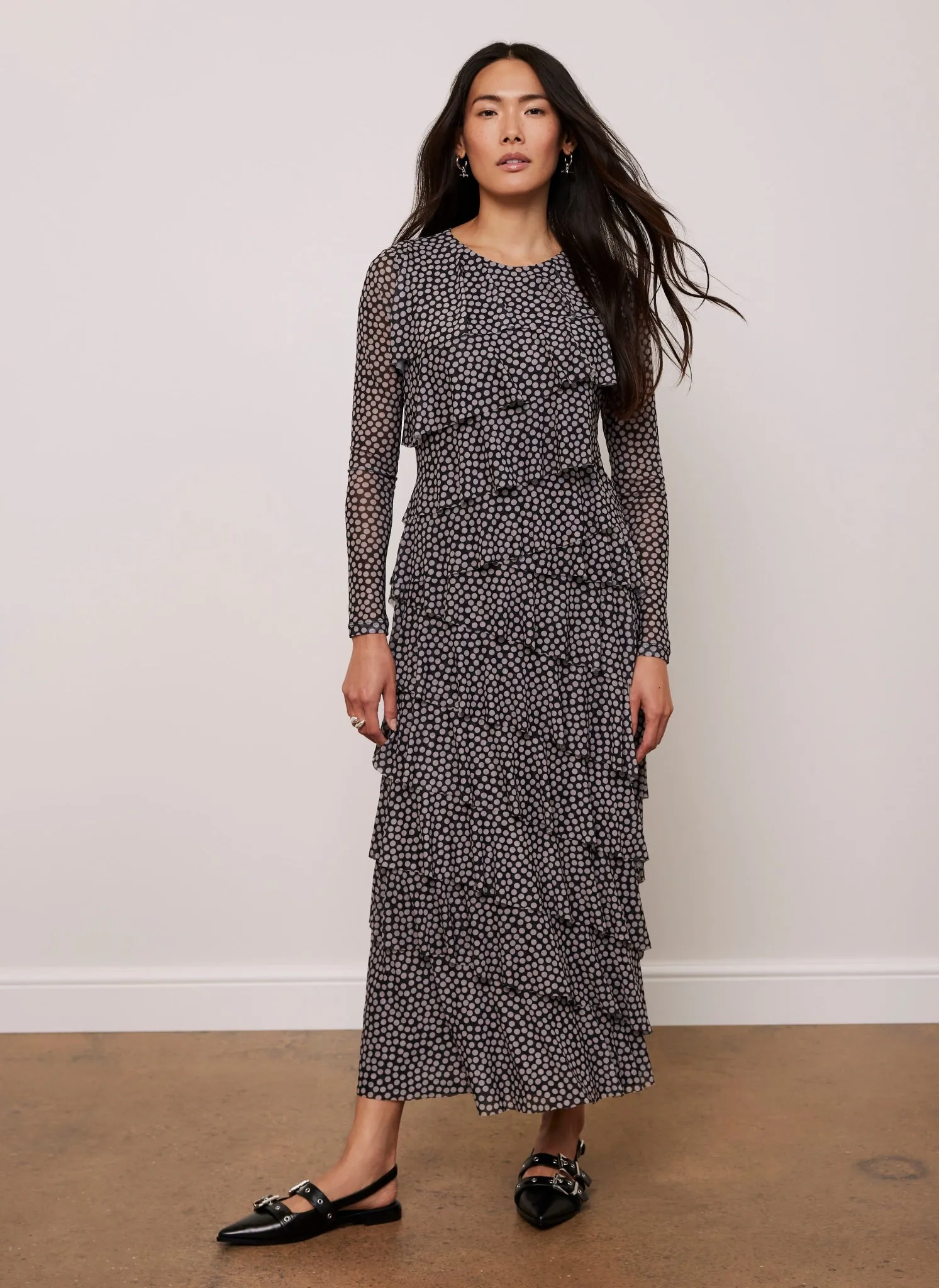 Black Spot Print Ruffle Midi Dress sold by Mint Velvet product image thumbnail 3