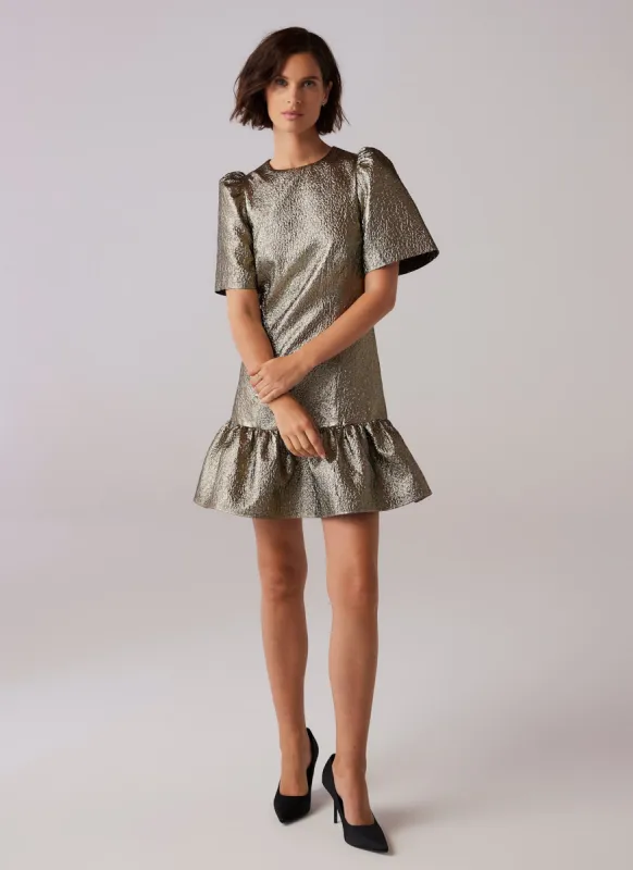 Gold Metallic Frill Mini Dress sold by Mint Velvet