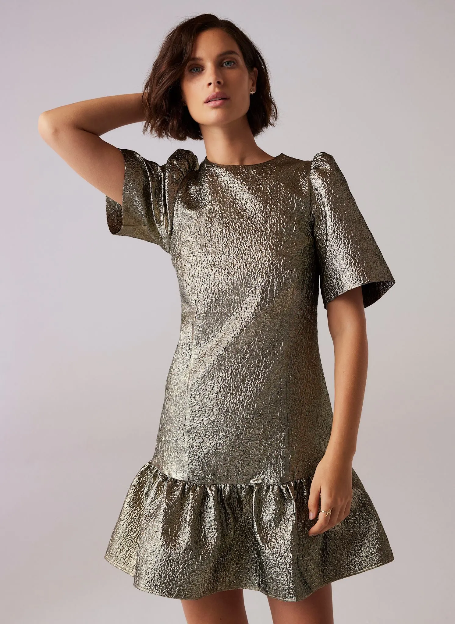 Gold Metallic Frill Mini Dress sold by Mint Velvet product image thumbnail 3