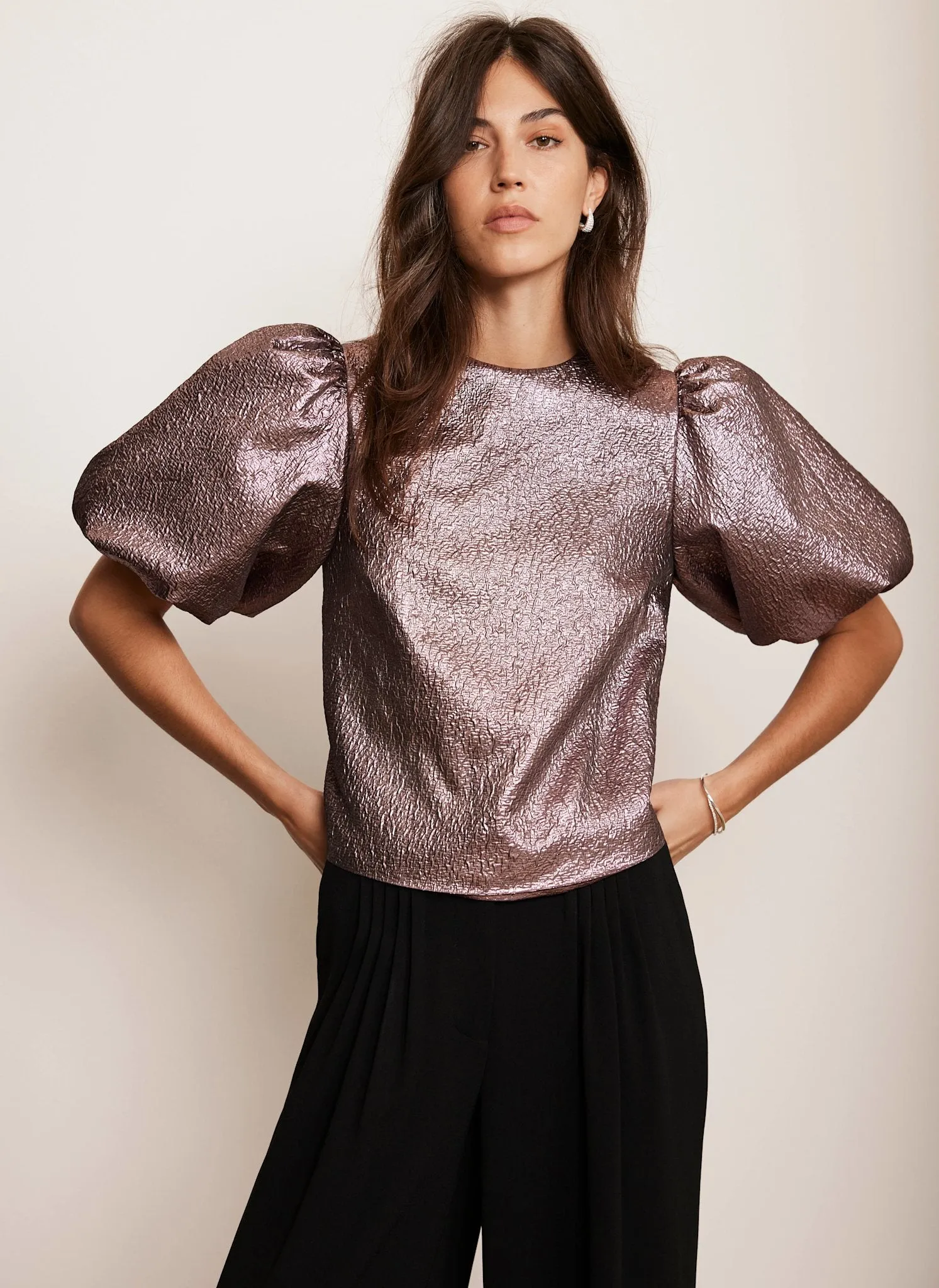 Pink Metallic Puff Sleeve Top sold by Mint Velvet