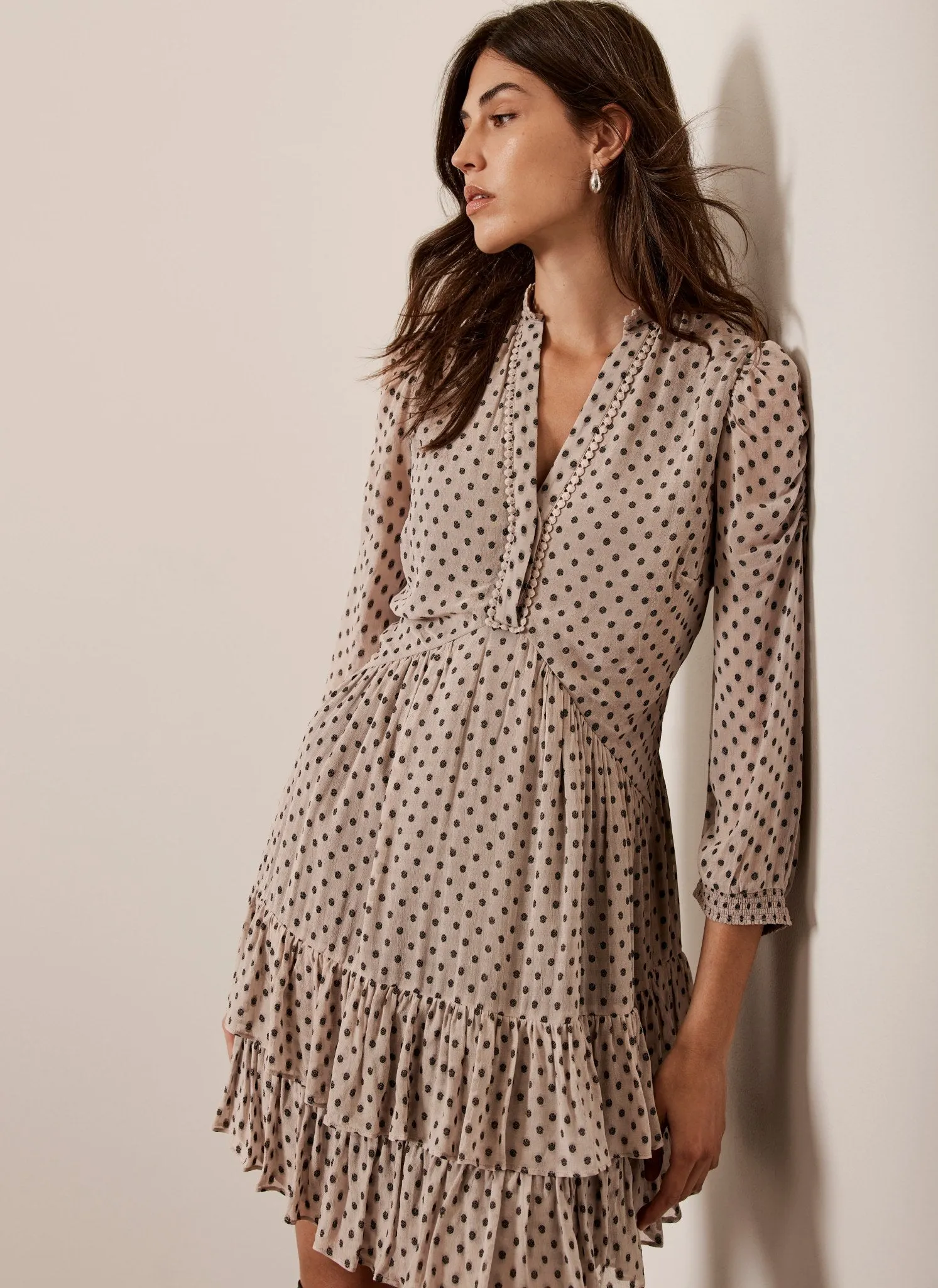 Neutral Ruffle Hem Jacquard Mini Dress sold by Mint Velvet product image thumbnail 2