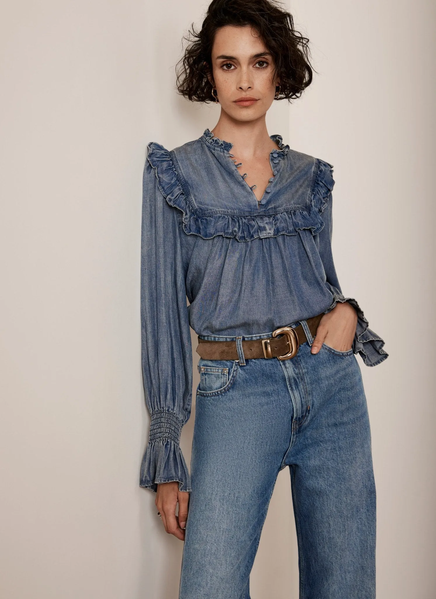 Light Indigo Ruffle Denim Blouse sold by Mint Velvet product image thumbnail 3
