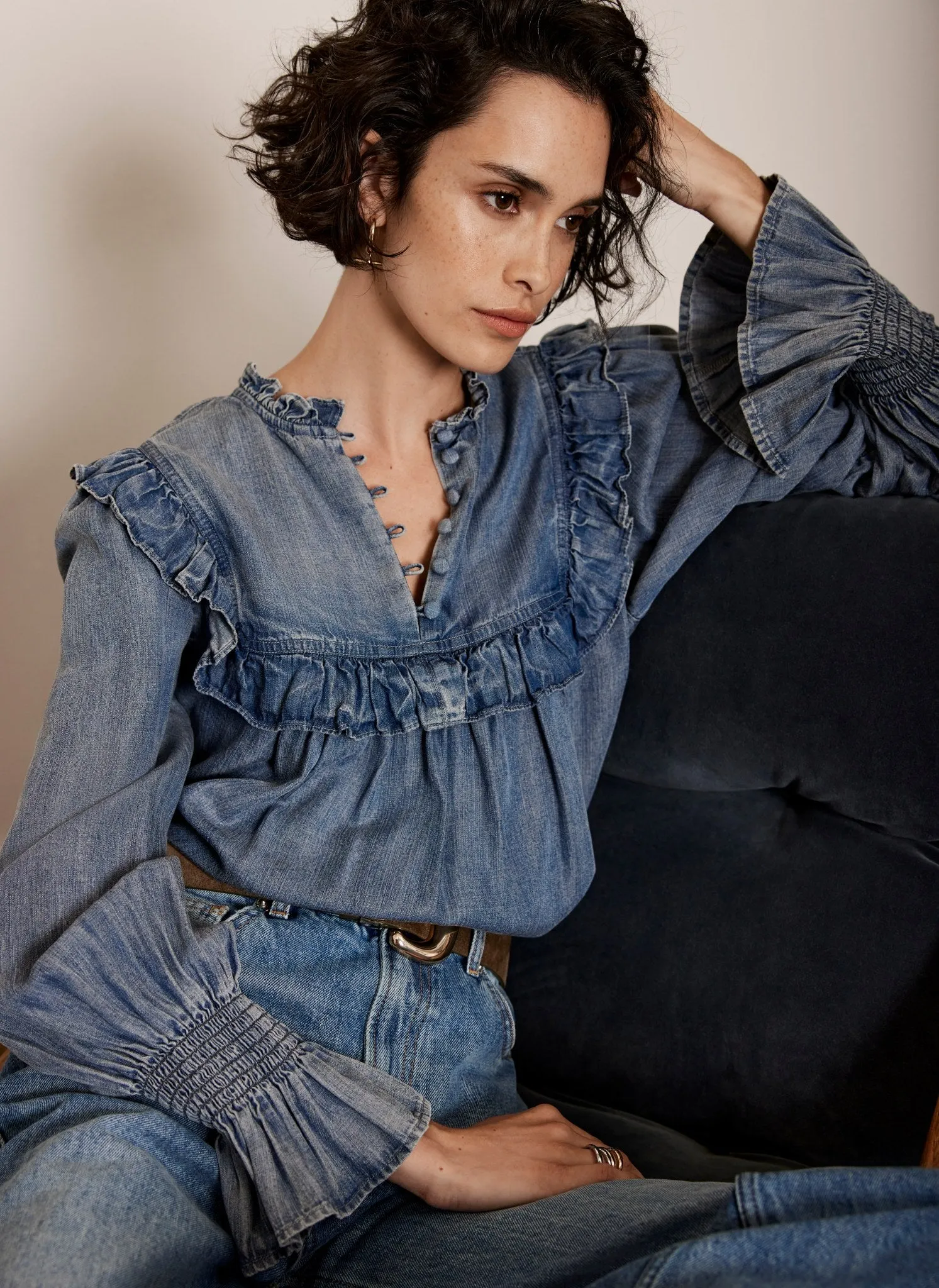 Light Indigo Ruffle Denim Blouse sold by Mint Velvet product image thumbnail 2