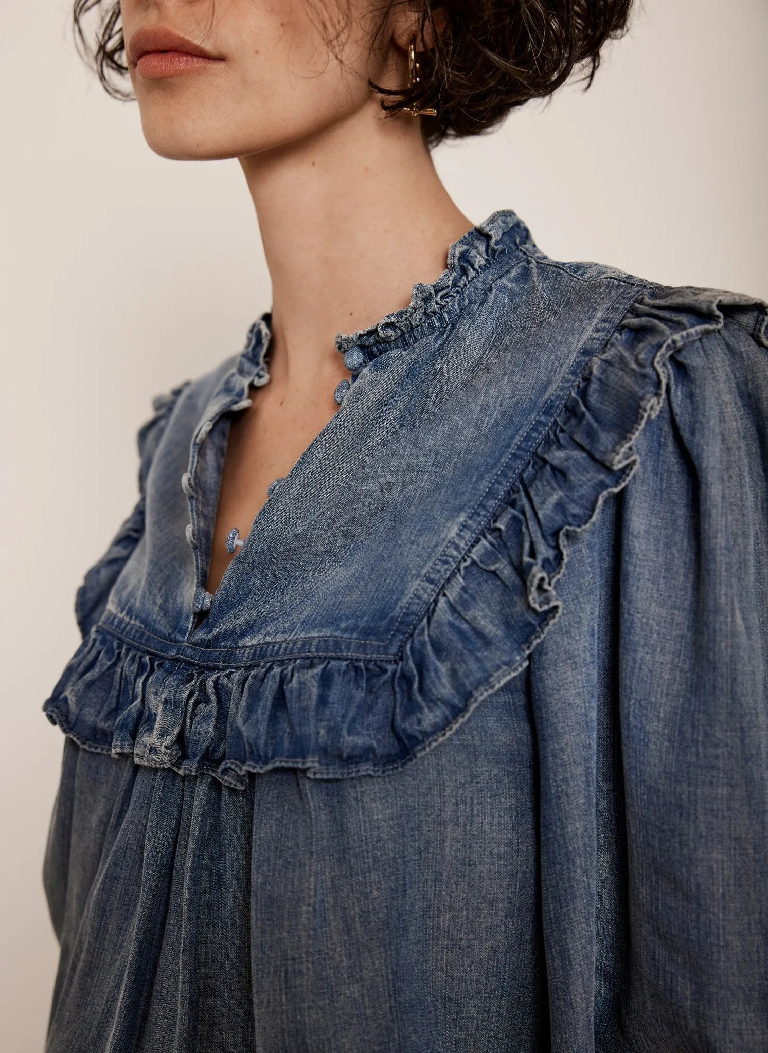 Light Indigo Ruffle Denim Blouse sold by Mint Velvet product image thumbnail 5