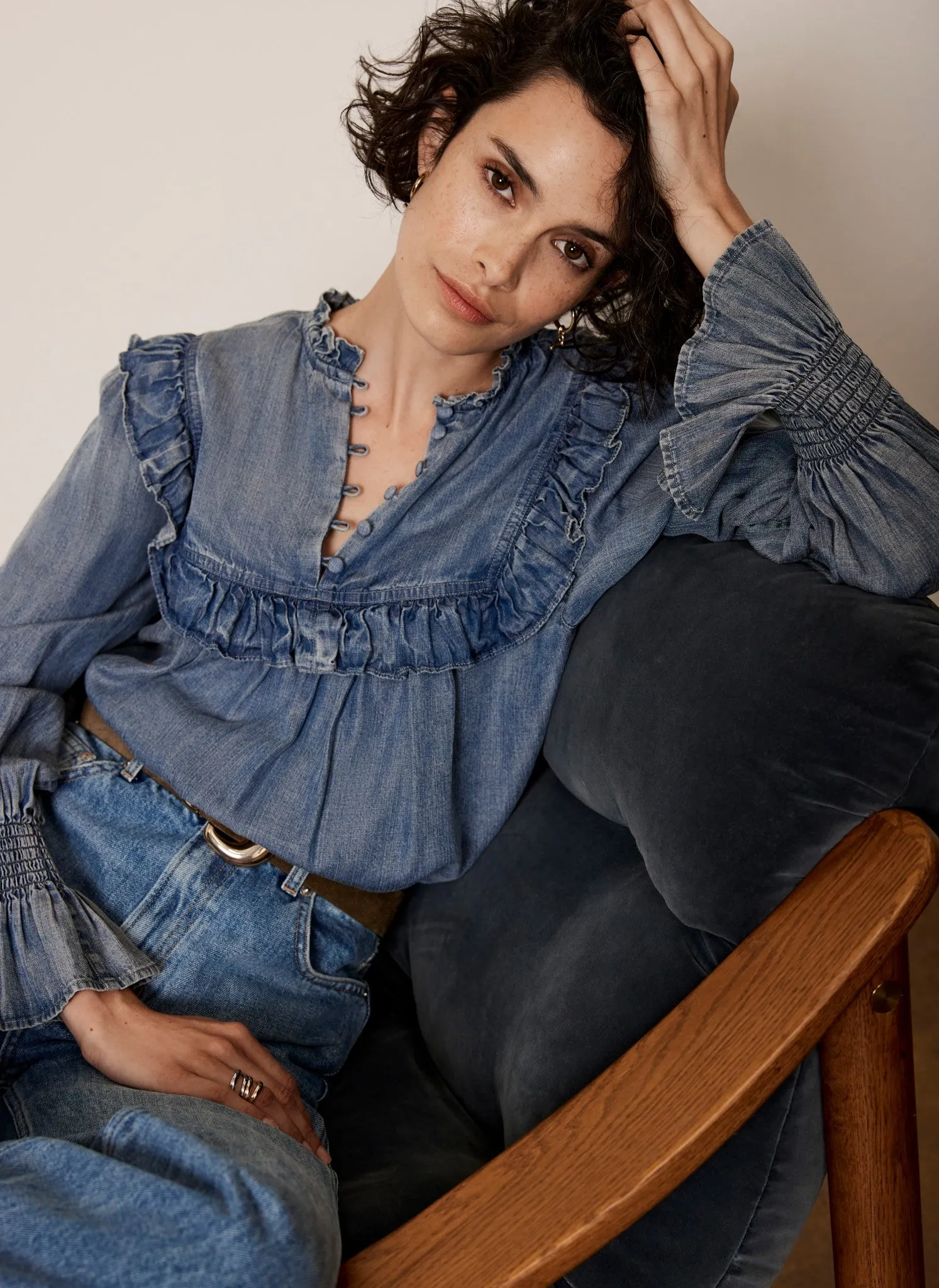 Light Indigo Ruffle Denim Blouse sold by Mint Velvet