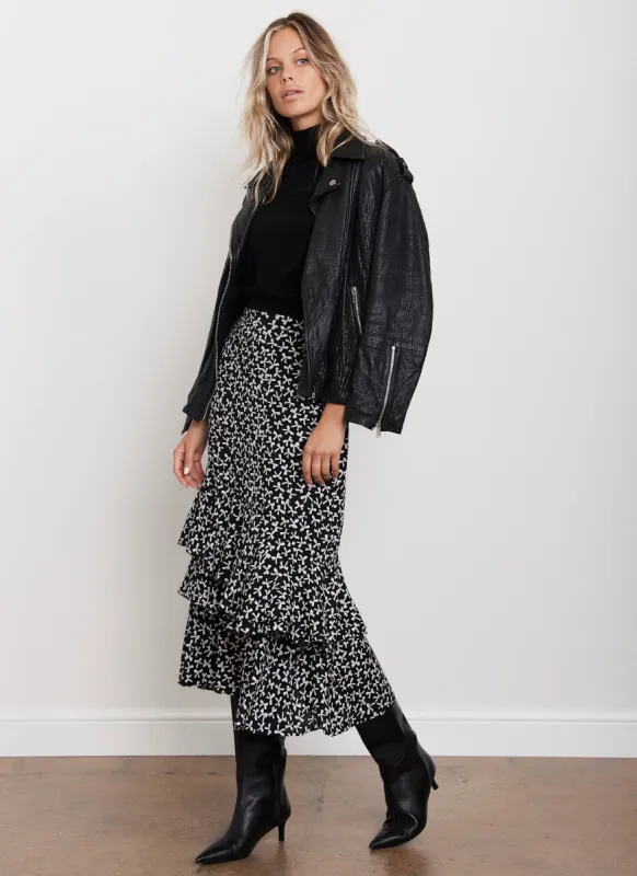 Black Bow Print Ruffle Midi Skirt sold by Mint Velvet