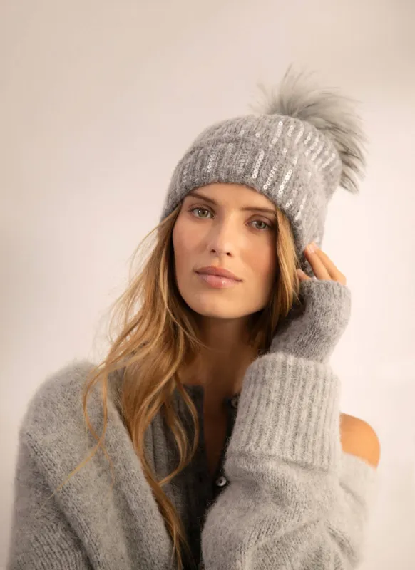 Grey Sequin Wool Blend Pom Pom Hat sold by Mint Velvet