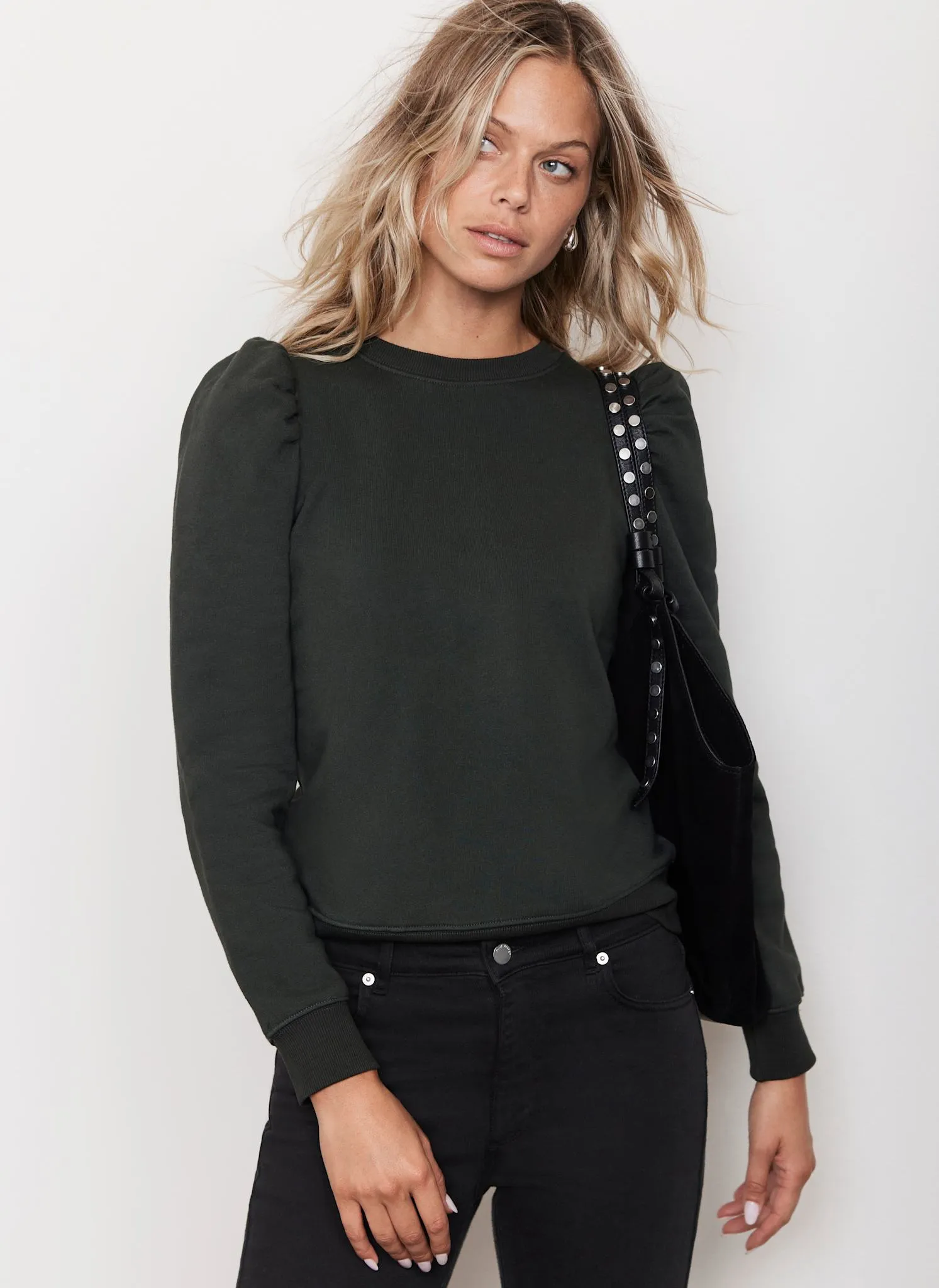Khaki Cotton Blend Puff Sleeve Sweatshirt sold by Mint Velvet