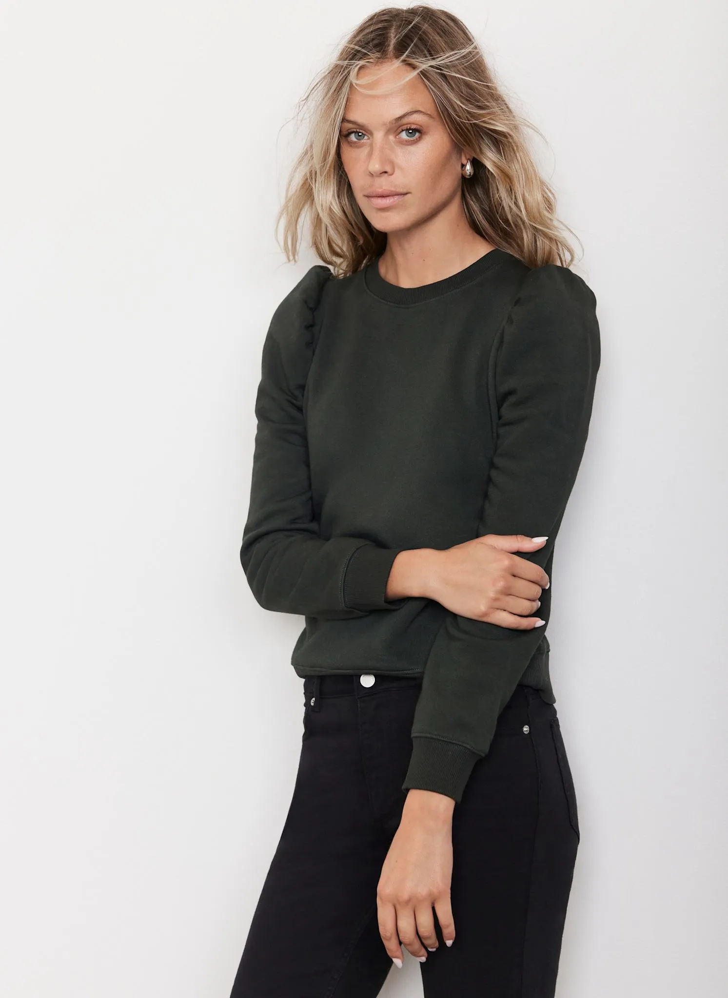 Khaki Cotton Blend Puff Sleeve Sweatshirt sold by Mint Velvet product image thumbnail 5