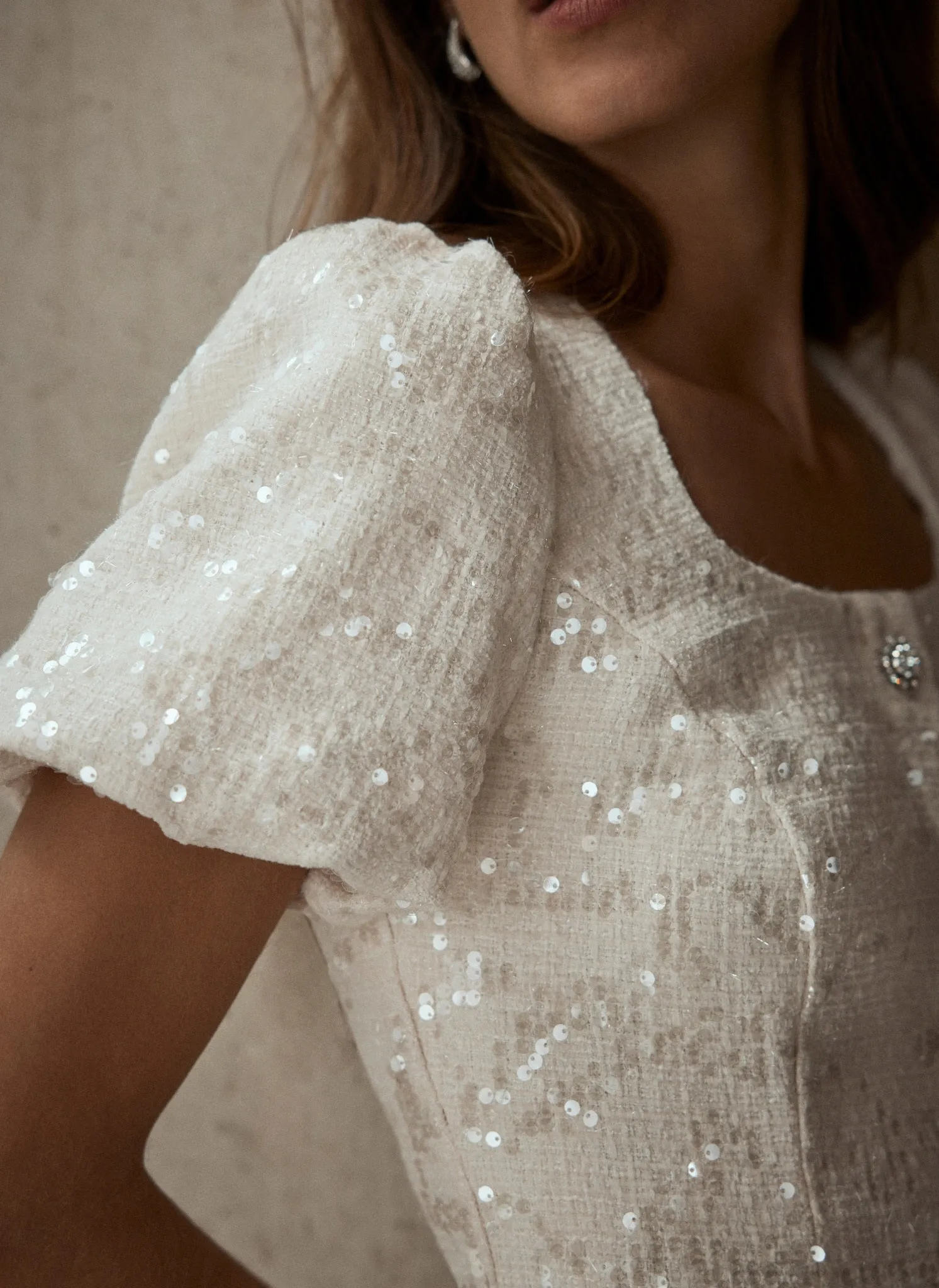 Cream Sequin Boucle Mini Dress sold by Mint Velvet product image thumbnail 4