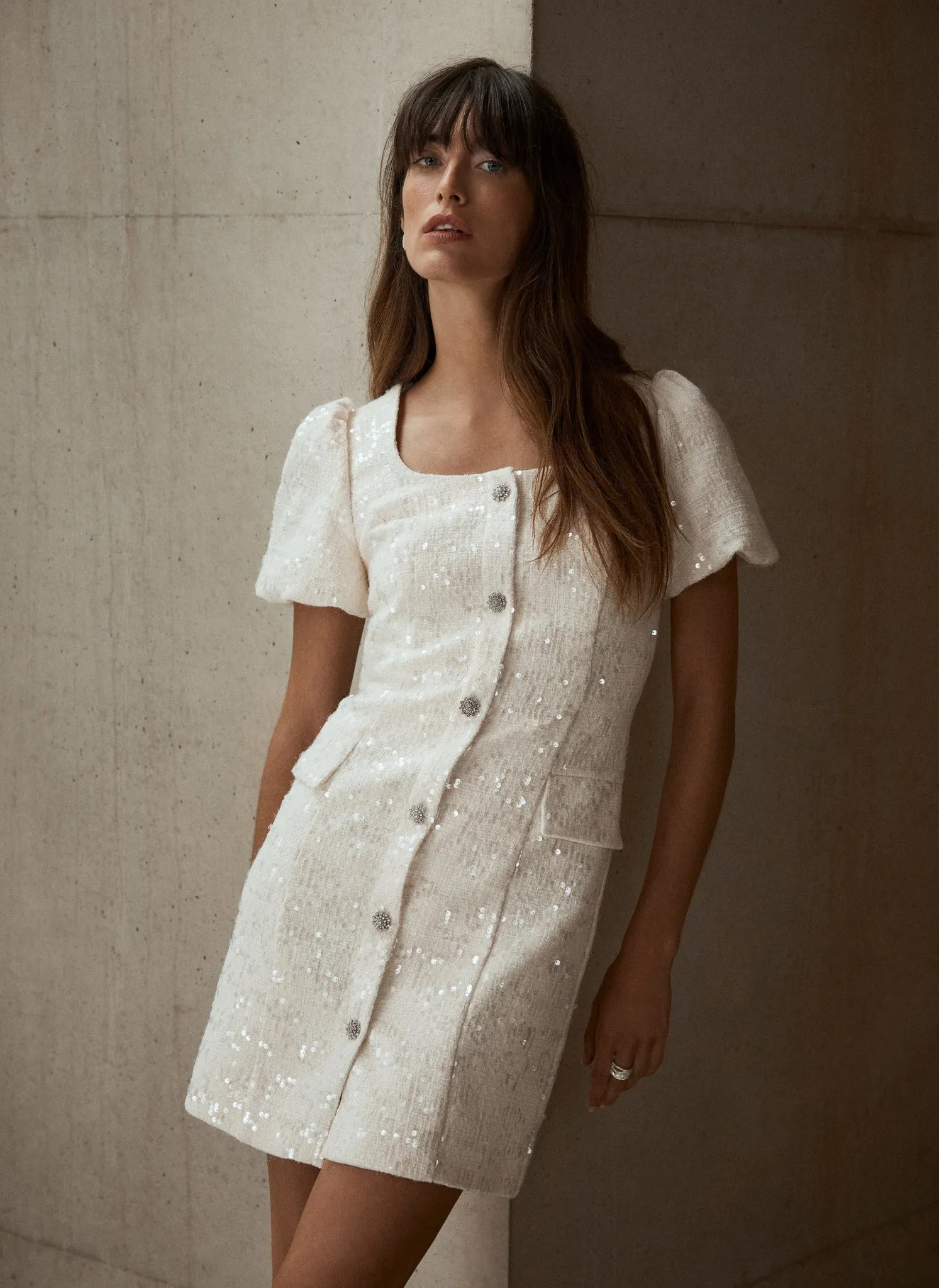 Cream Sequin Boucle Mini Dress sold by Mint Velvet