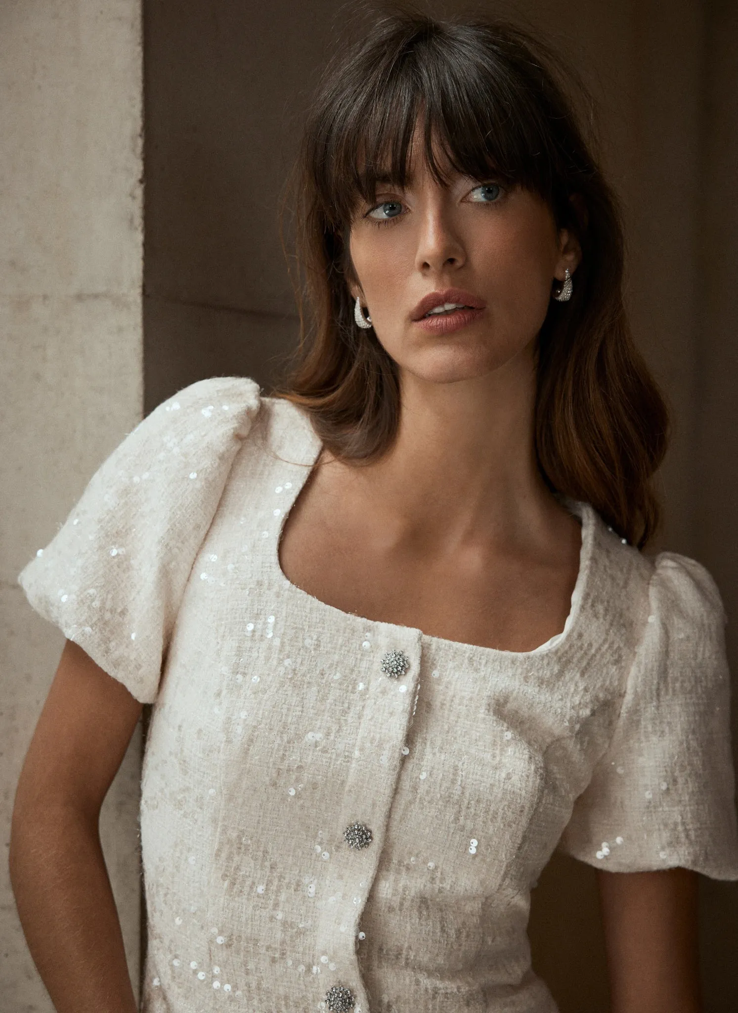 Cream Sequin Boucle Mini Dress sold by Mint Velvet product image thumbnail 3