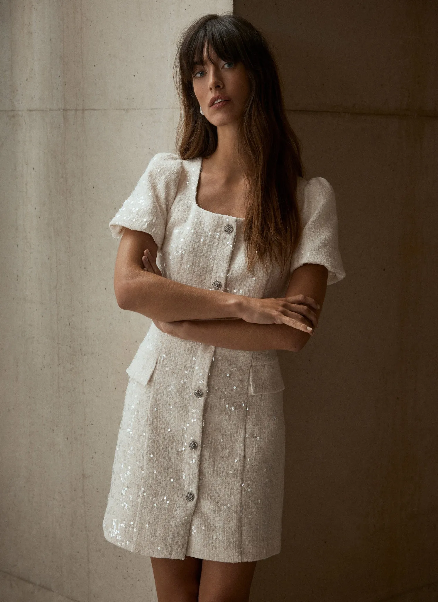 Cream Sequin Boucle Mini Dress sold by Mint Velvet product image thumbnail 5