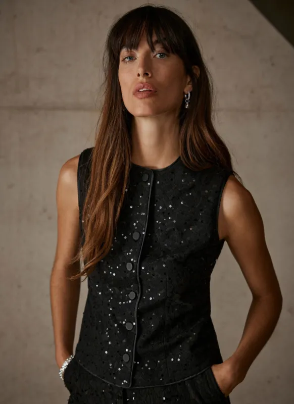 Black Lace Sequin Top sold by Mint Velvet
