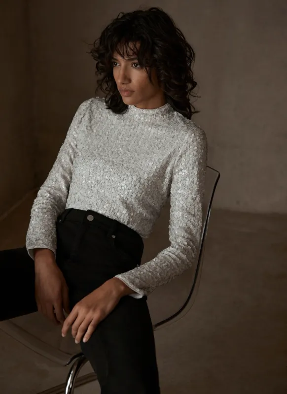 Cream Sequin Polo Top sold by Mint Velvet