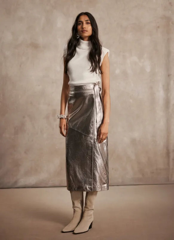 Gold Leather Midi Wrap Skirt sold by Mint Velvet