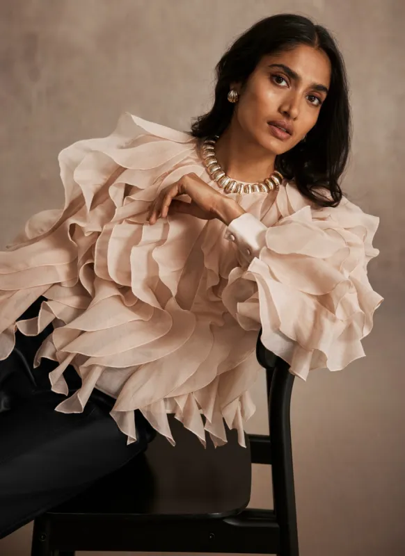 Neutral Organza Ruffle Blouse sold by Mint Velvet