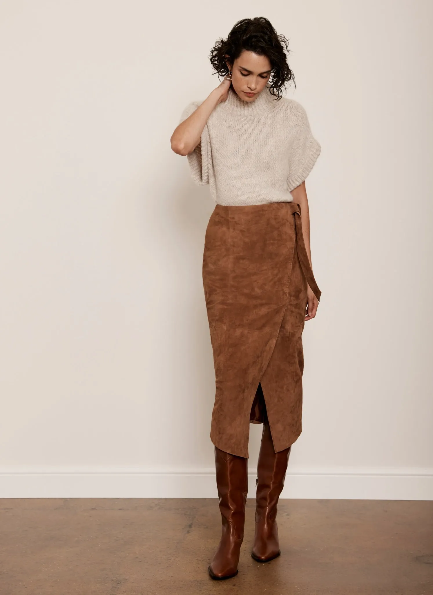 Tan Suede Tie Side Midi Skirt sold by Mint Velvet
