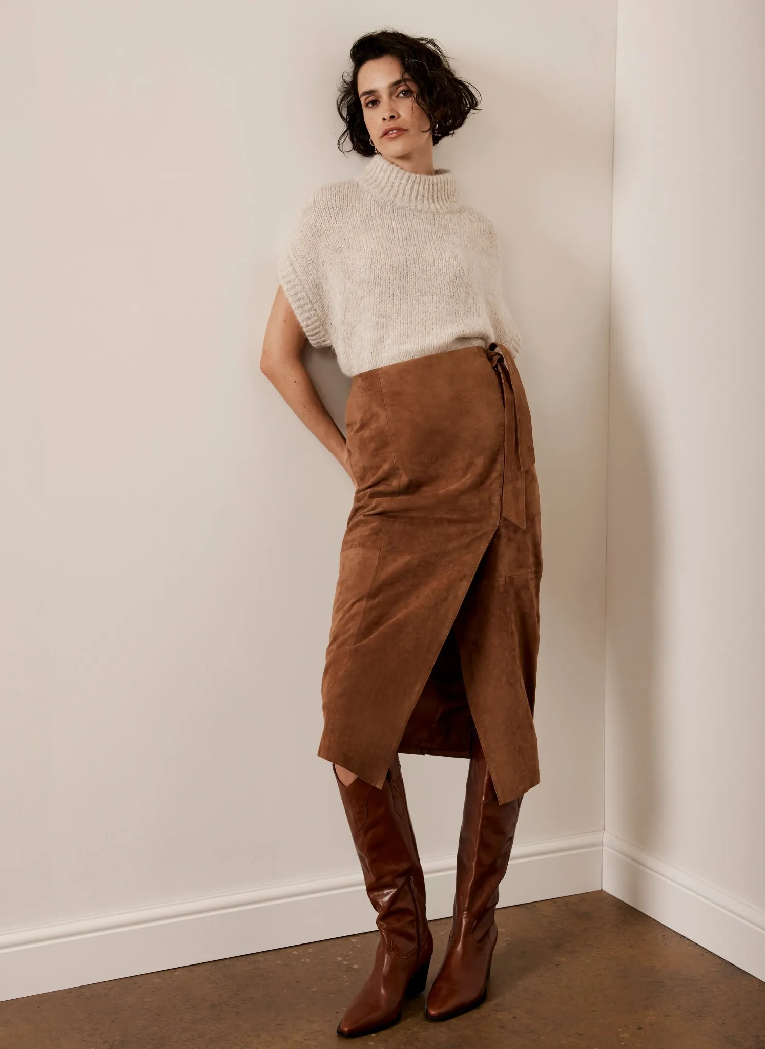 Tan Suede Tie Side Midi Skirt sold by Mint Velvet product image thumbnail 4