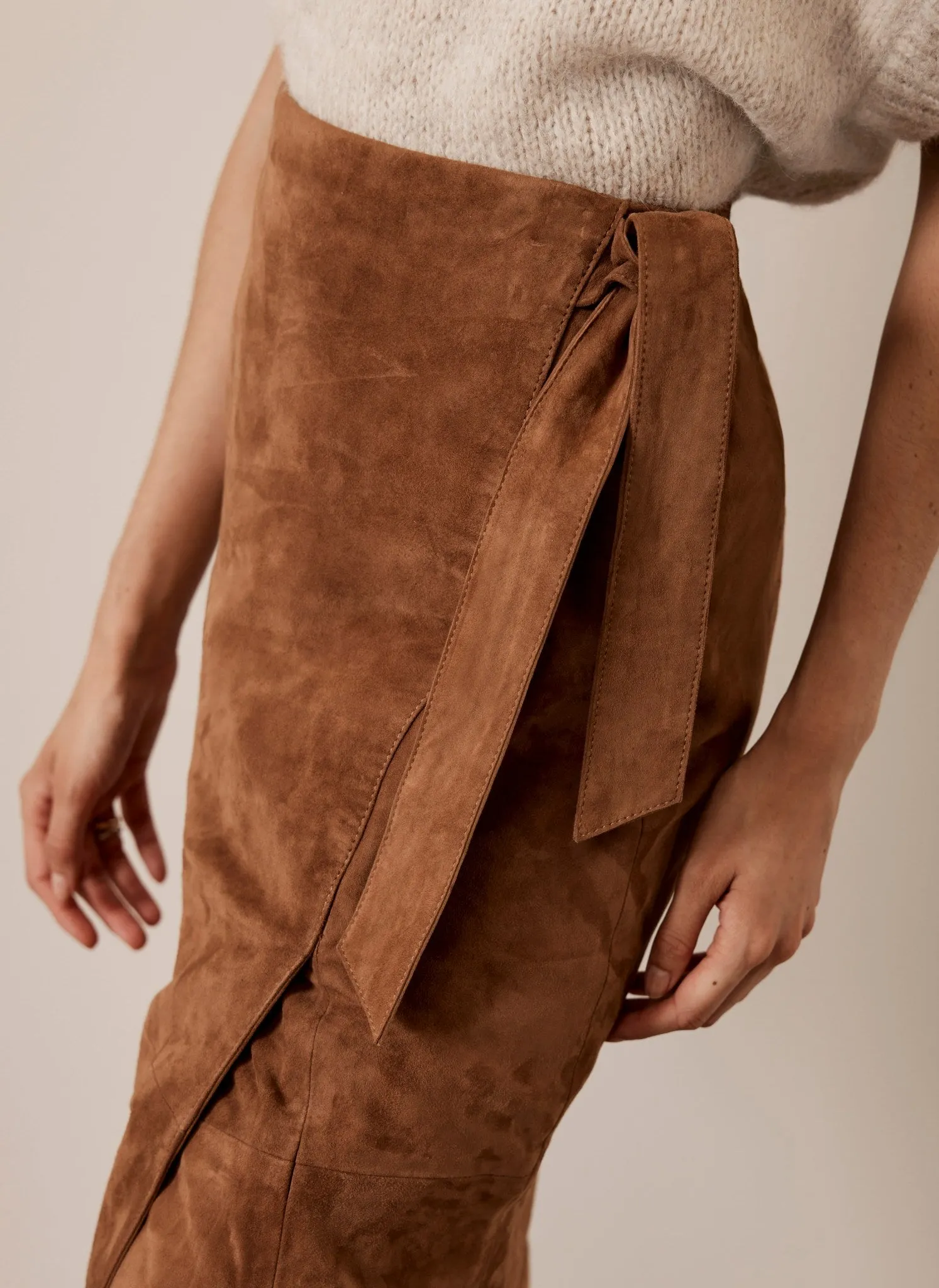 Tan Suede Tie Side Midi Skirt sold by Mint Velvet product image thumbnail 3