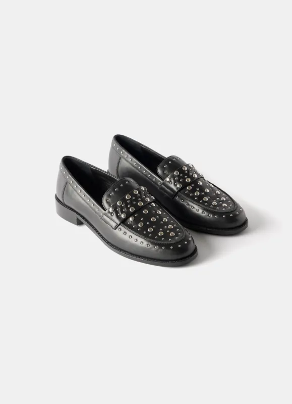 Black Leather Studded Penny Loafers sold by Mint Velvet
