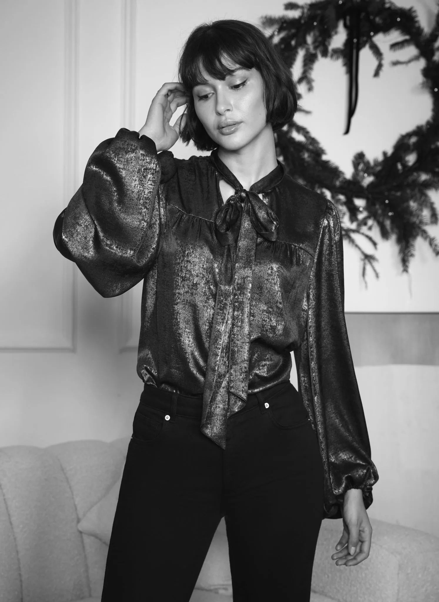 Navy Metallic Tie Neck Blouse sold by Mint Velvet product image thumbnail 5