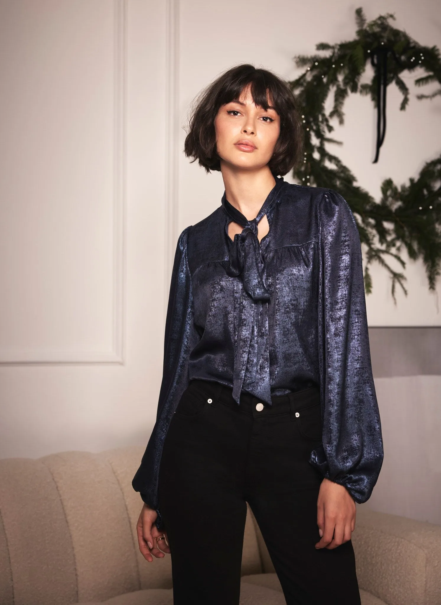 Navy Metallic Tie Neck Blouse sold by Mint Velvet product image thumbnail 4