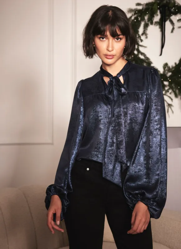 Navy Metallic Tie Neck Blouse sold by Mint Velvet