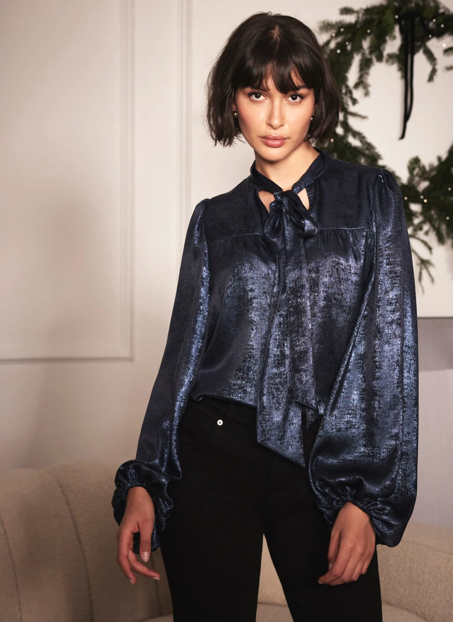 Navy Metallic Tie Neck Blouse sold by Mint Velvet