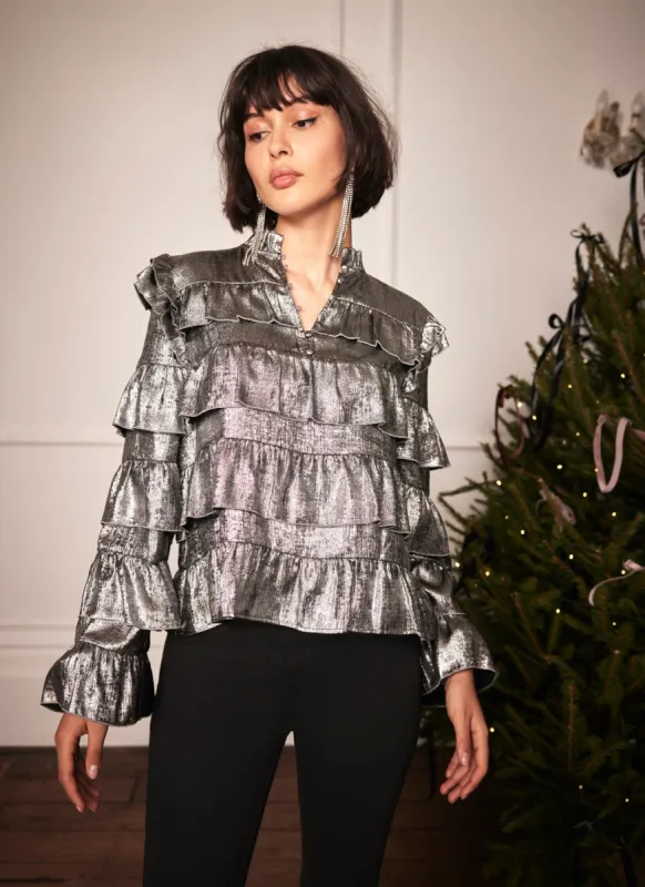 Silver Metallic Ruffle Blouse sold by Mint Velvet