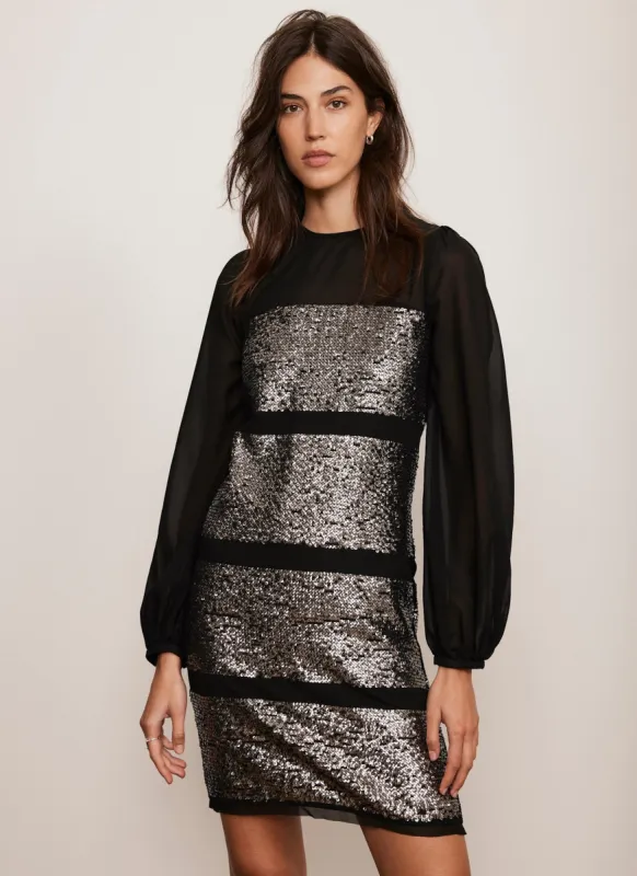 Black Sequin Panel Mini Dress sold by Mint Velvet