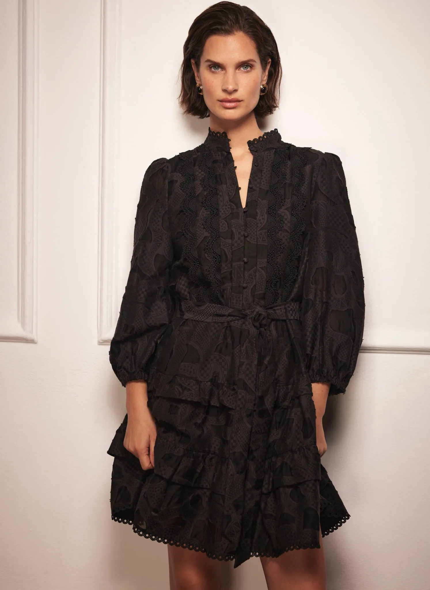 Black Jacquard Frill Mini Dress sold by Mint Velvet