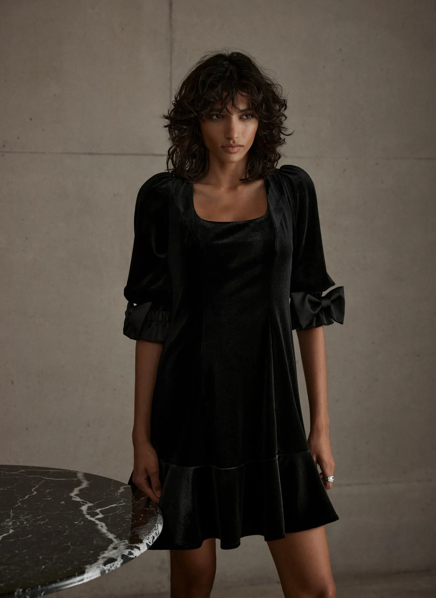 Black Bow Detail Velvet Mini Dress sold by Mint Velvet