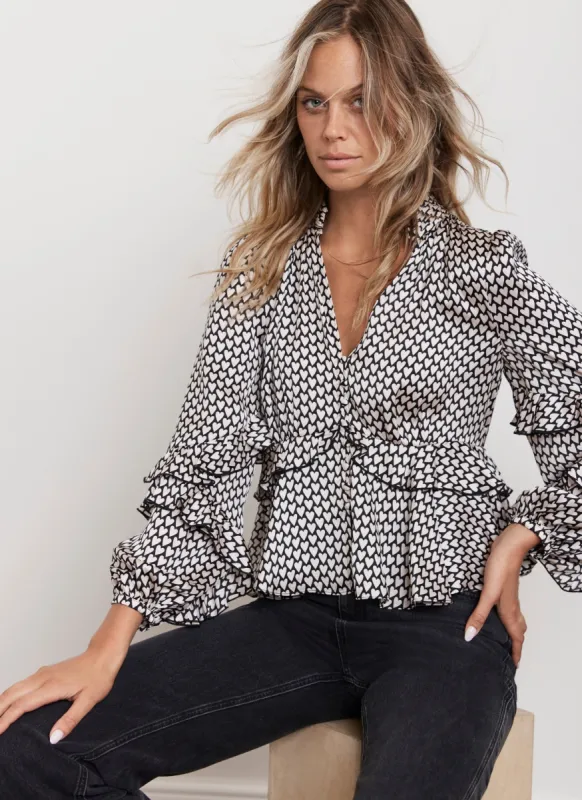 Black Heart Print Ruffle Top sold by Mint Velvet