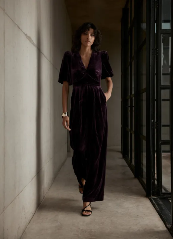 Burgundy Velvet Puff Sleeve Jumpsuit sold by Mint Velvet