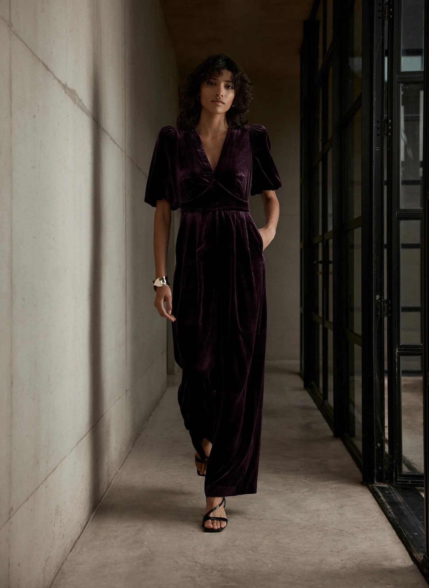 Burgundy Velvet Puff Sleeve Jumpsuit sold by Mint Velvet