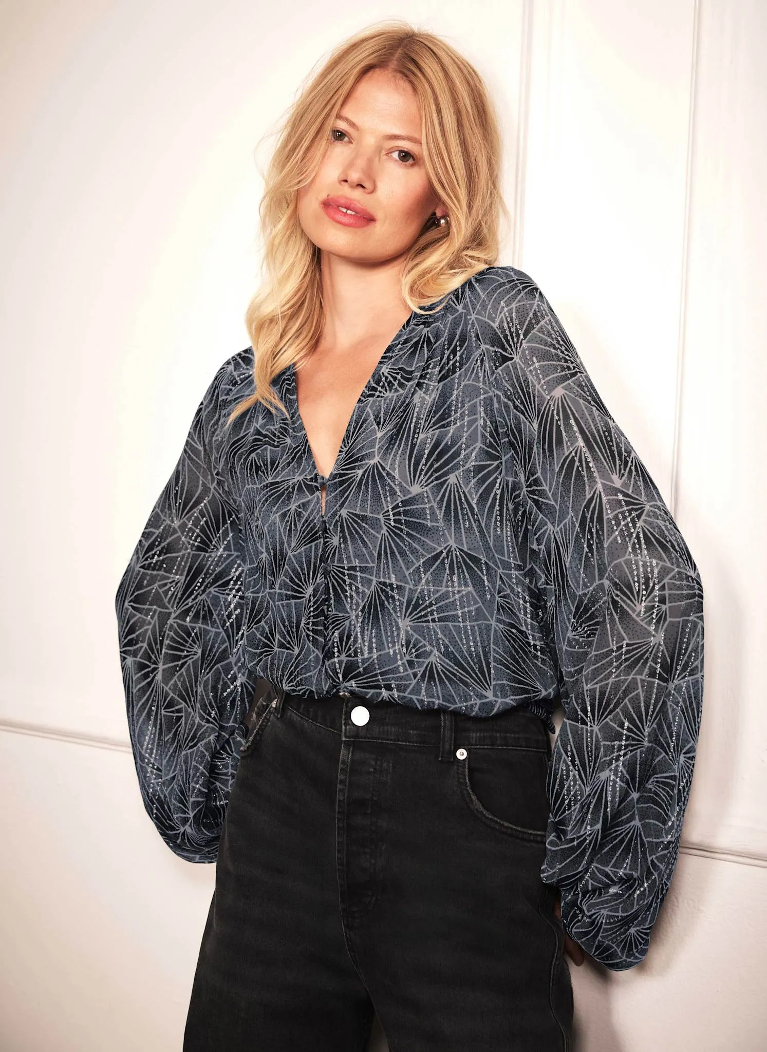 Grey Geometric Print Metallic Blouse sold by Mint Velvet product image thumbnail 3