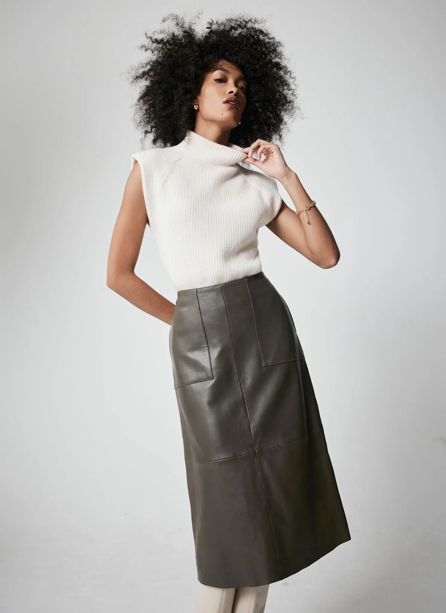 Khaki Leather Midi Skirt sold by Mint Velvet product image thumbnail 3