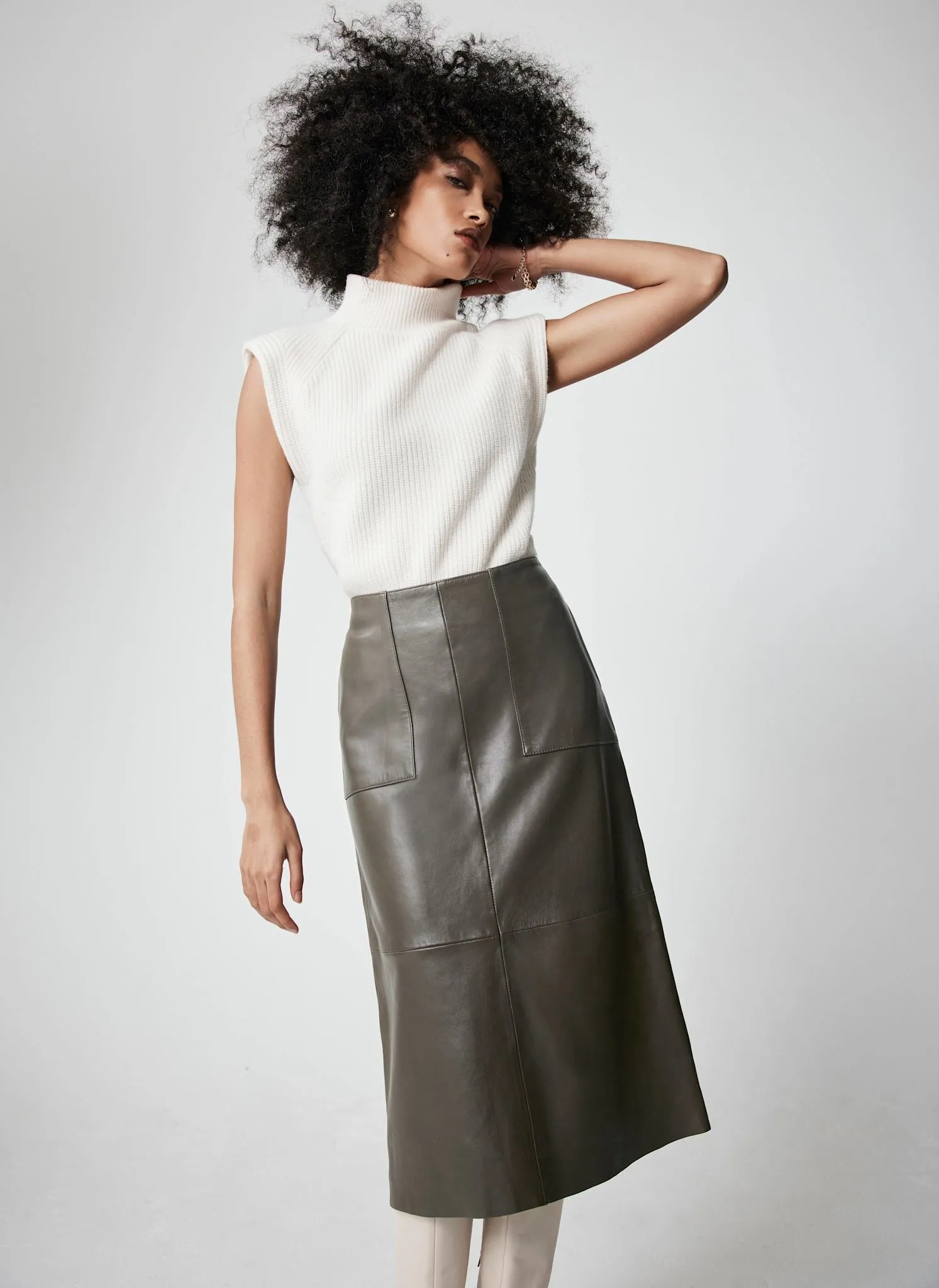 Khaki Leather Midi Skirt sold by Mint Velvet product image thumbnail 5